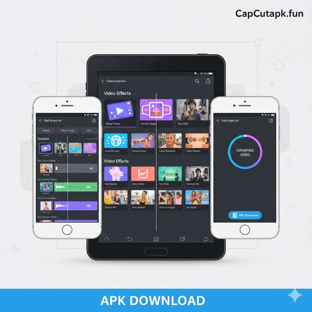 CapCut APK running on various Android and iOS devices, including Samsung, iPhone, and Xiaomi, showing video editing timeline, effects, and export options for mobile creators.